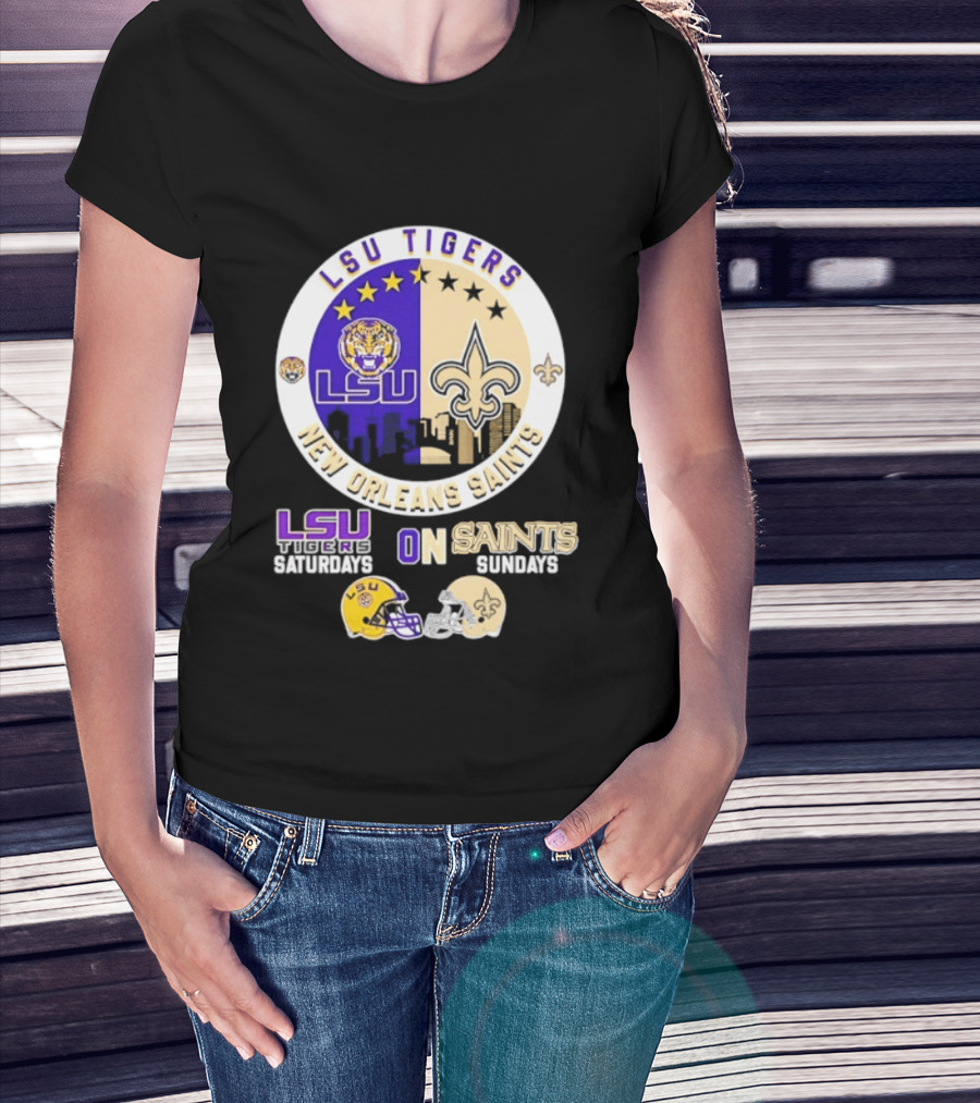 LSU Tigers New Orleans Saints Skyline Helmet Celebration Saturdays Sundays T-Shirt