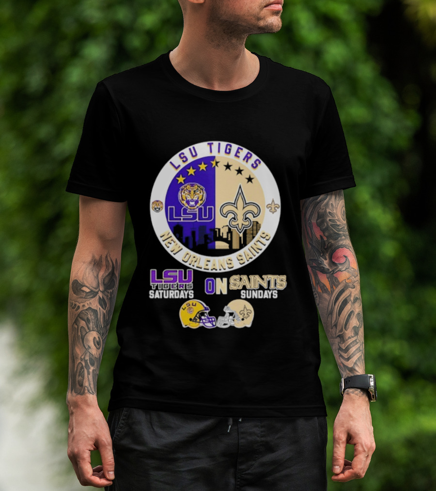 LSU Tigers New Orleans Saints Skyline Helmet Celebration Saturdays Sundays T-Shirt
