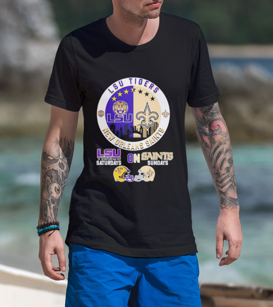 LSU Tigers New Orleans Saints Skyline Helmet Celebration Saturdays Sundays T-Shirt