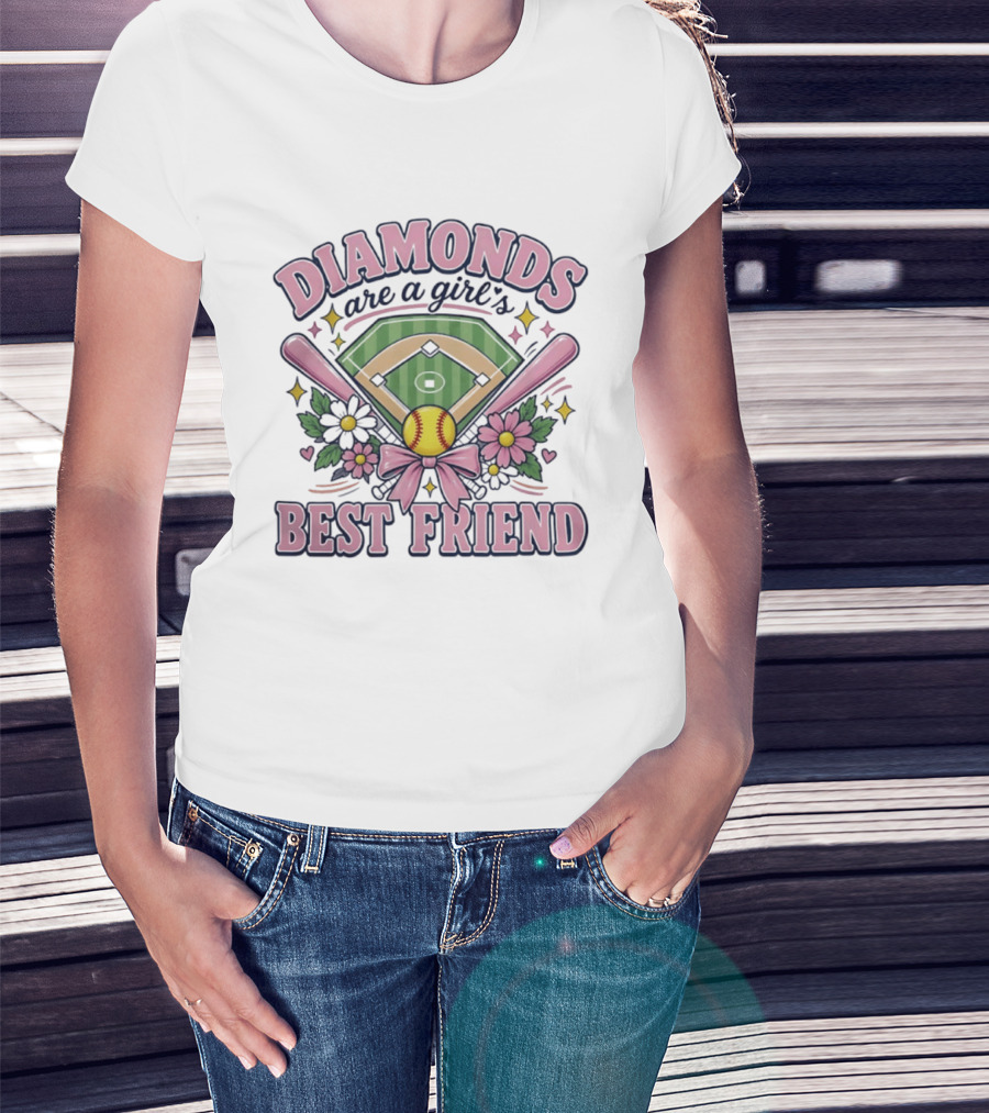 Diamonds Are A Girl's Best Friend Softball Field Pink Bats Floral Stars T-Shirt