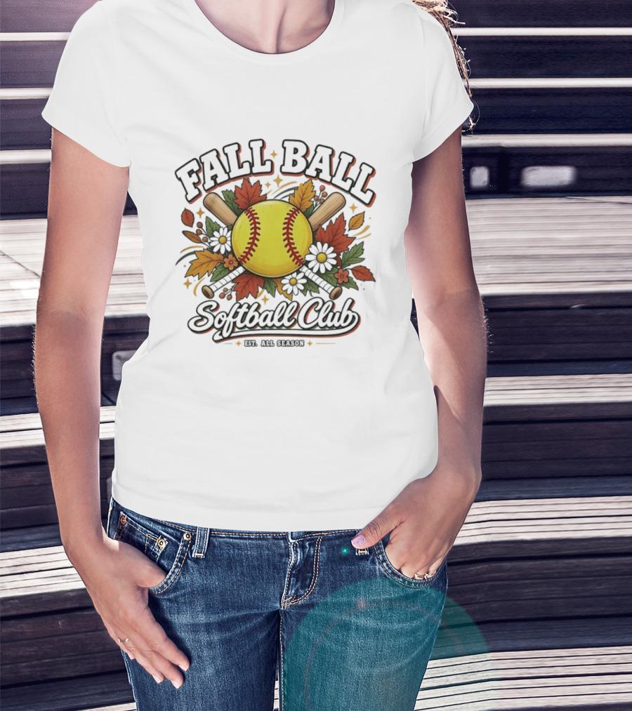 Fall Ball Softball Club Established All Season Autumn Leaves And Bats T-Shirt