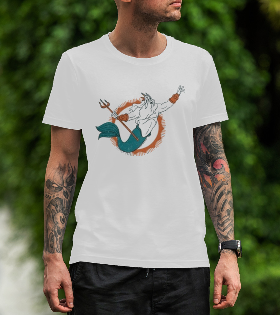 Miami Dolphins King Triton Pose With Trident And Aqua Tail T-Shirt