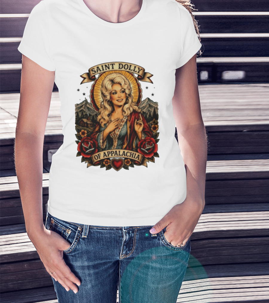 Saint Dolly Of Appalachia Iconic Tribute With Roses And Mountains T-Shirt