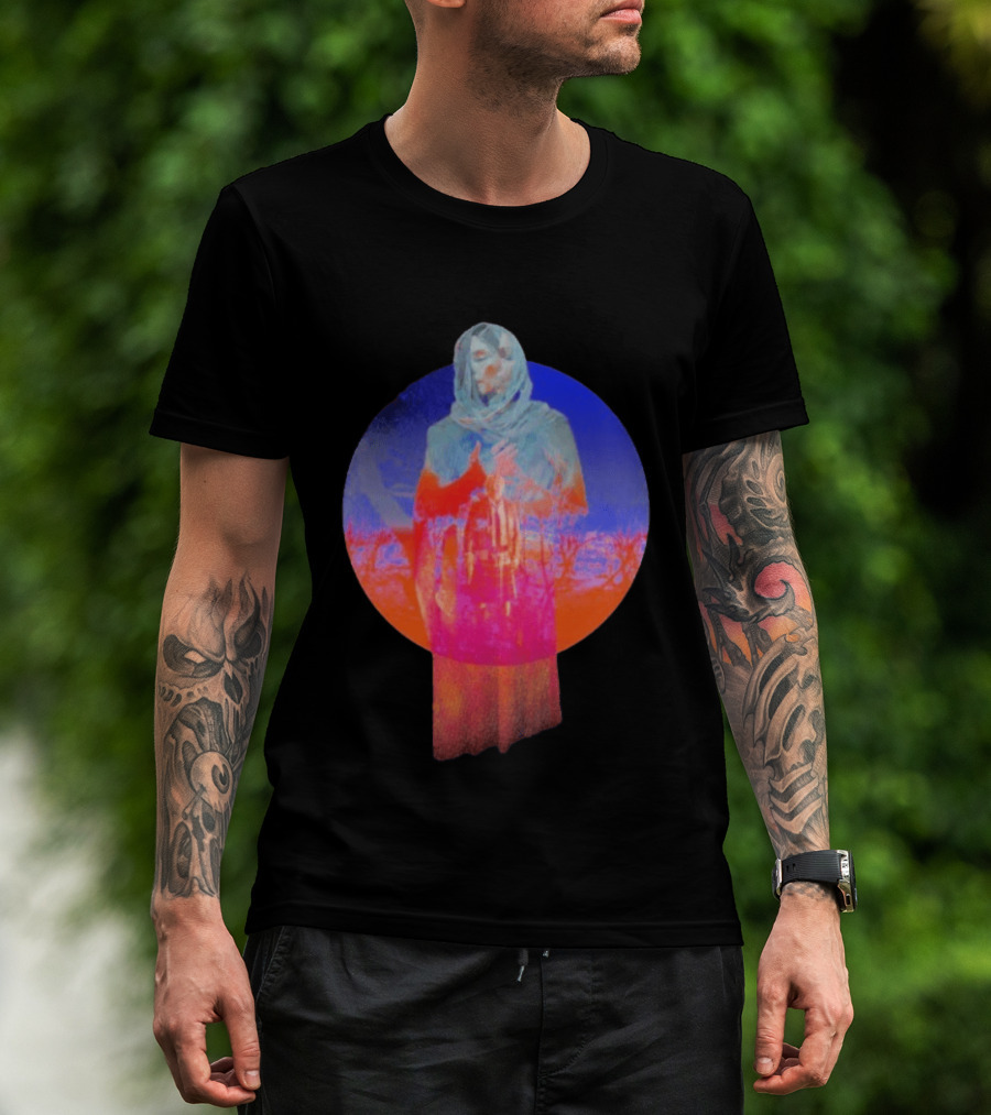 Hot Spot Eclipse Surreal Mystical Figure Eerie Hooded Apparition In Vibrant Color Spectrum T-Shirt