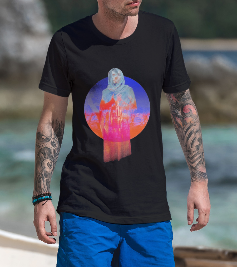 Hot Spot Eclipse Surreal Mystical Figure Eerie Hooded Apparition In Vibrant Color Spectrum T-Shirt