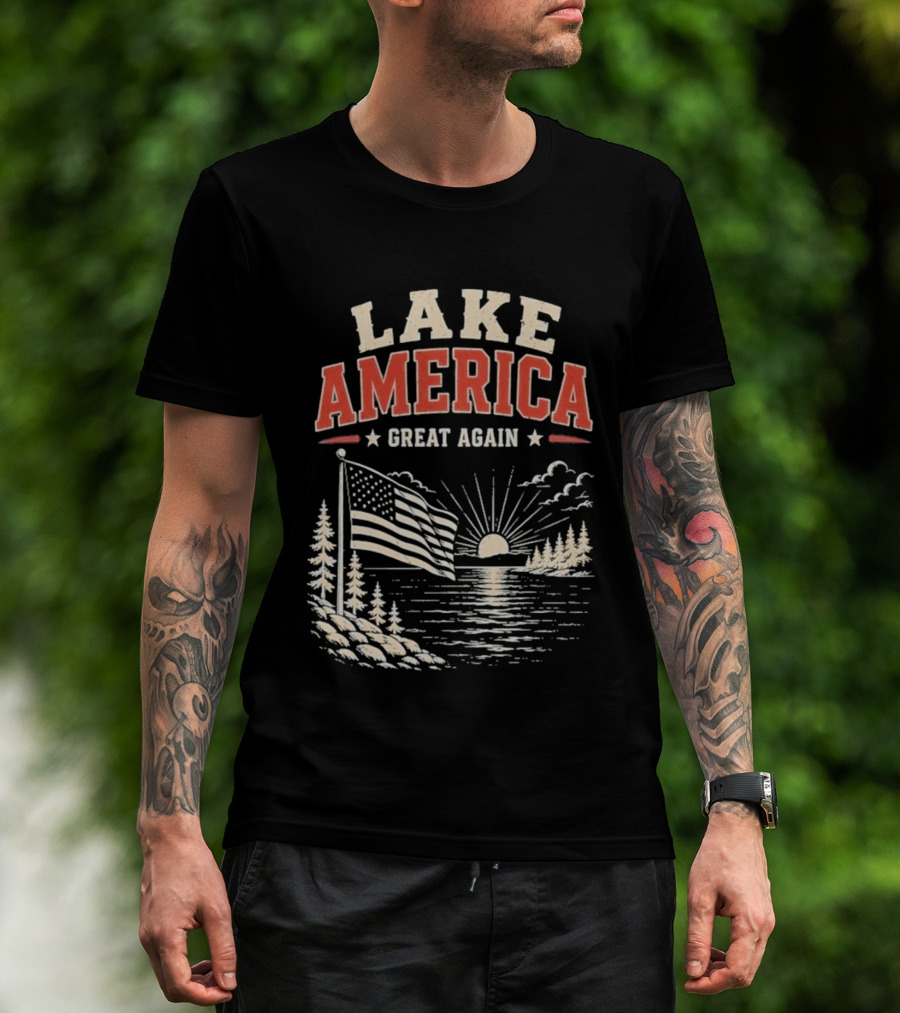 Lake America Great Again With Sunset And Flag Scene T-Shirt