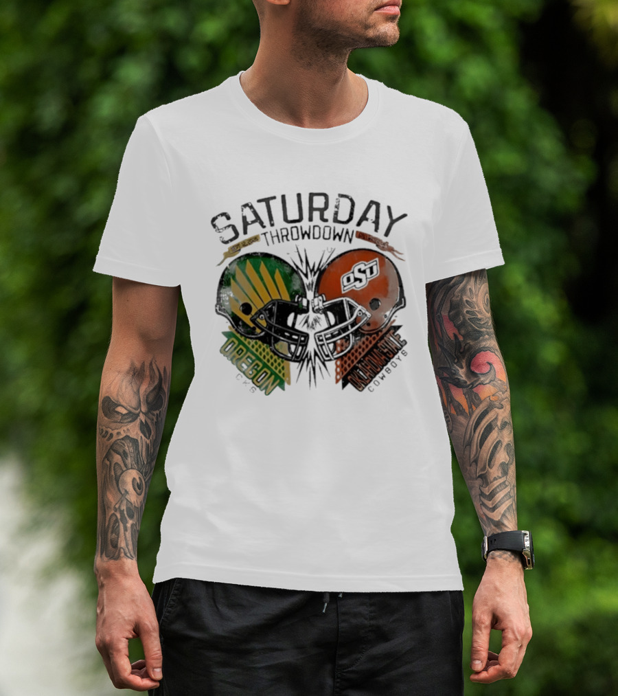 Oklahoma State Vs Oregon Saturday Throwdown 2026 Helmet Clash T-Shirt