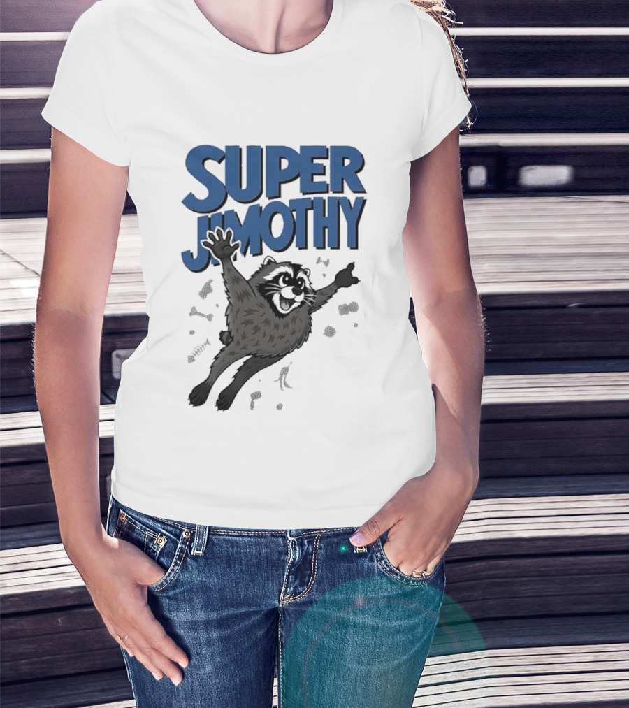Super Jimothy Leaping Raccoon Playful Adventure T-Shirt
