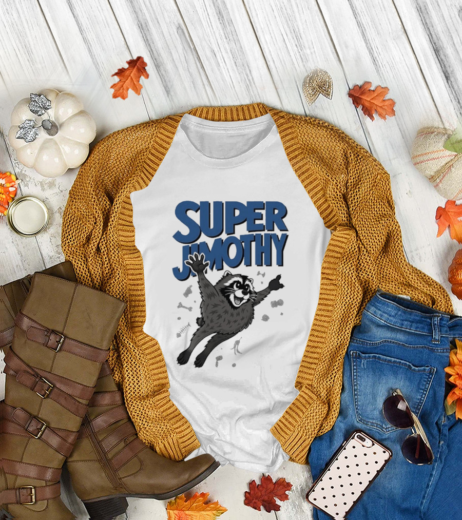 Super Jimothy Leaping Raccoon Playful Adventure T-Shirt