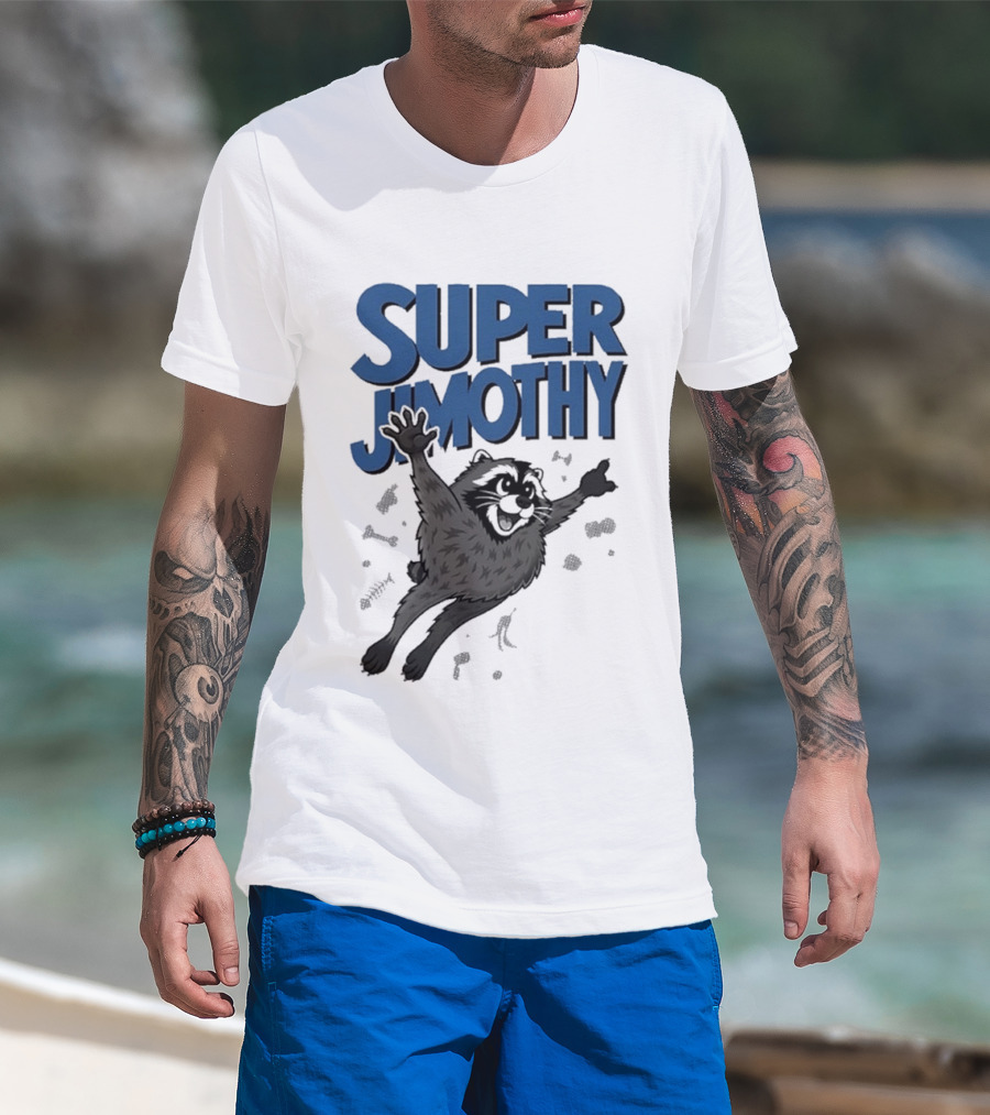 Super Jimothy Leaping Raccoon Playful Adventure T-Shirt