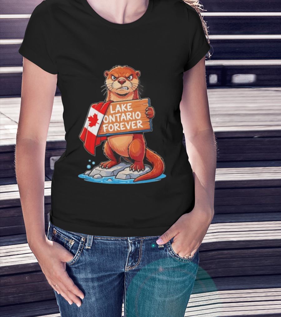 Lake Ontario Forever Otter Canada Flag Rugged Rock Scene T-Shirt