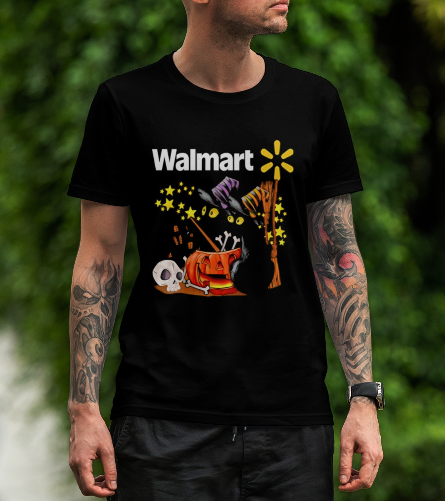 Walmart Halloween 2026 Black Cats With Witch Hats Pumpkin Skull And Stars T-Shirt