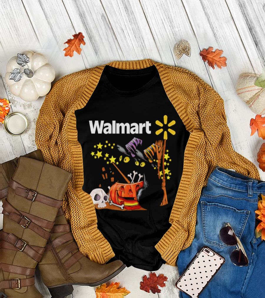 Walmart Halloween 2026 Black Cats With Witch Hats Pumpkin Skull And Stars T-Shirt