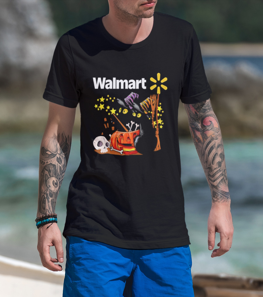 Walmart Halloween 2026 Black Cats With Witch Hats Pumpkin Skull And Stars T-Shirt