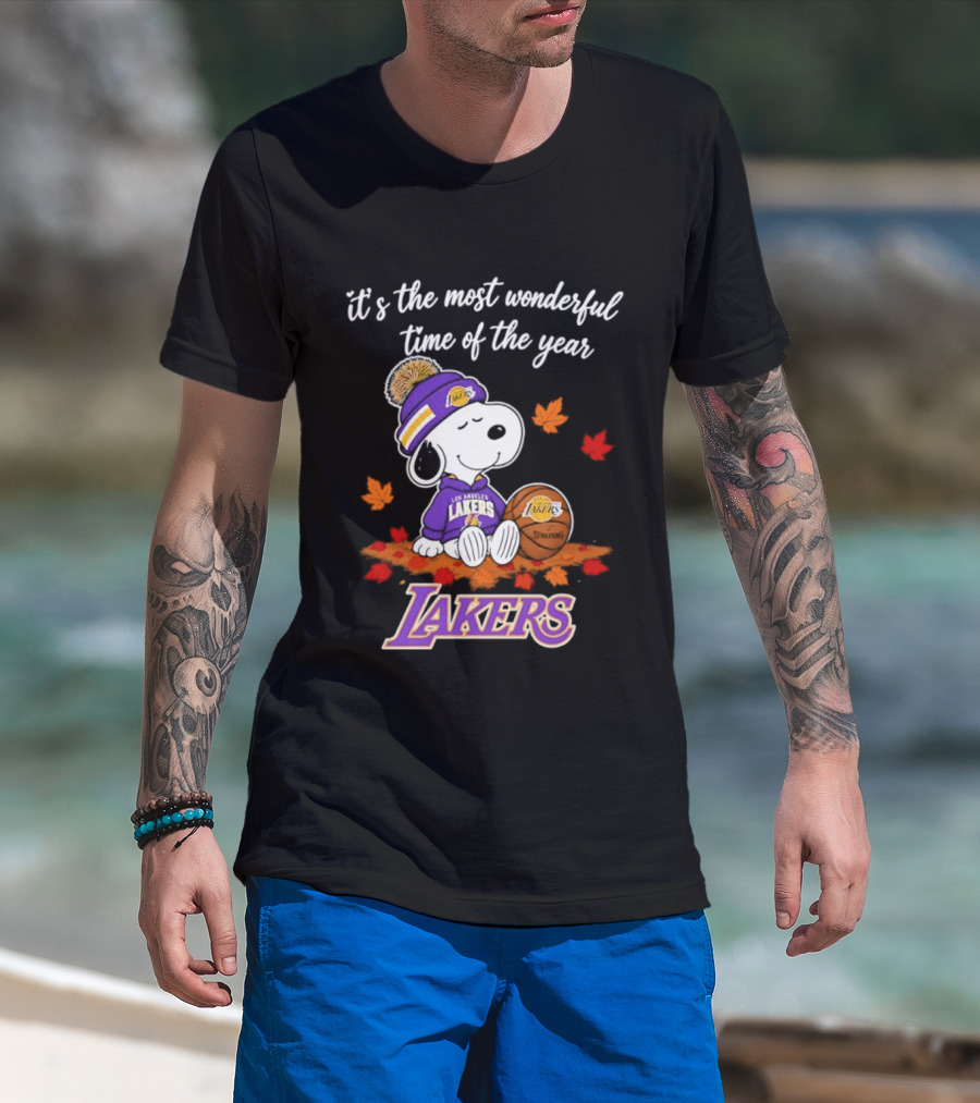 Los Angeles Lakers Snoopy Halloween 2026 It's The Most Wonderful Time Of The Year Peanuts Basketball Fall Leaves T-Shirt