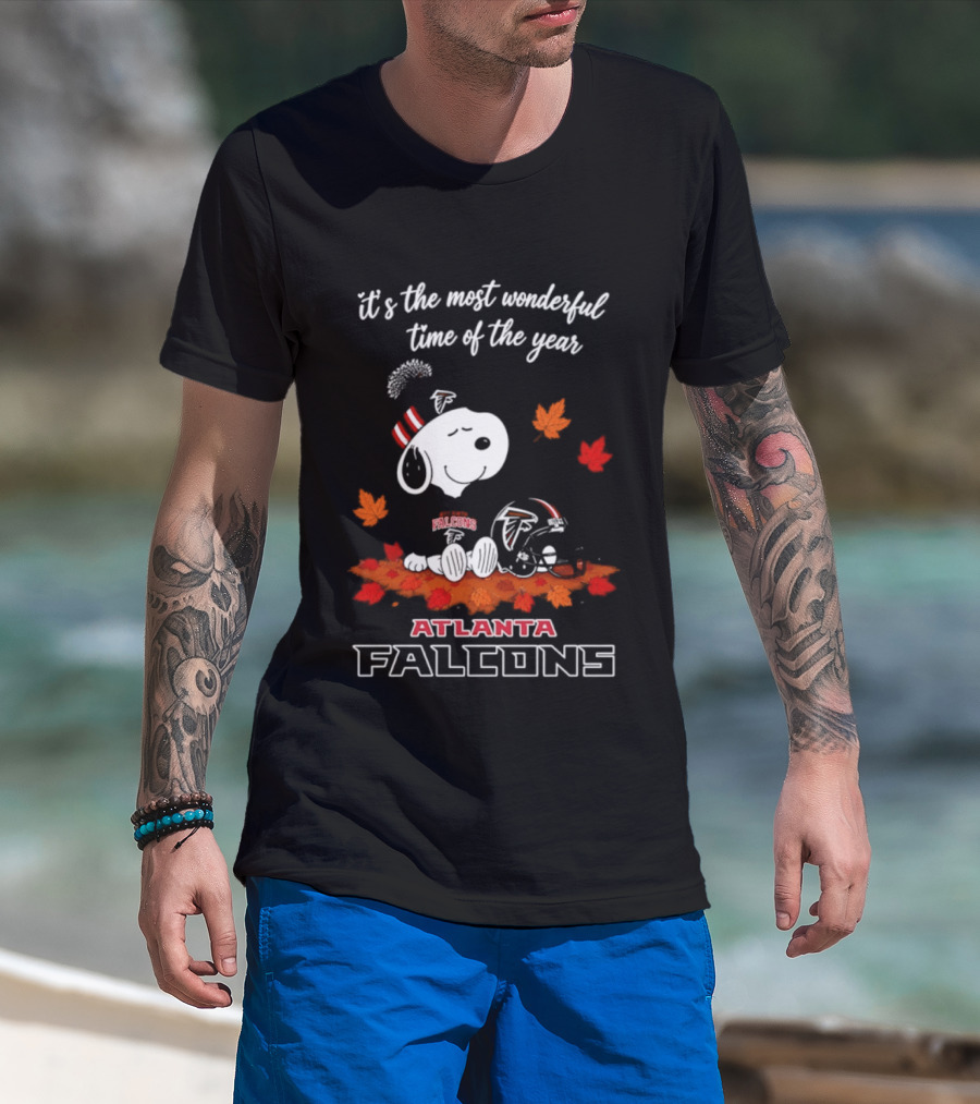 Atlanta Falcons Snoopy Fall Halloween 2026 Most Wonderful Time Of The Year Leaves T-Shirt