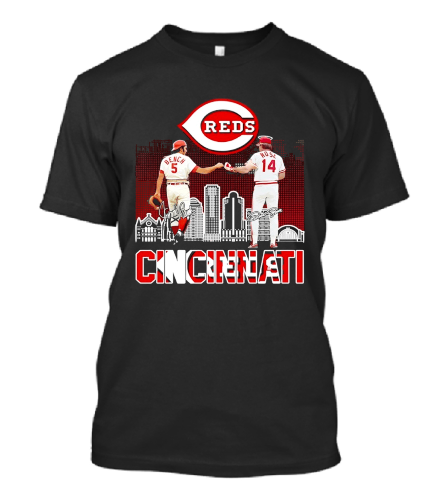 Cincinnati Reds Bench And Rose Skyline Signatures T-Shirt