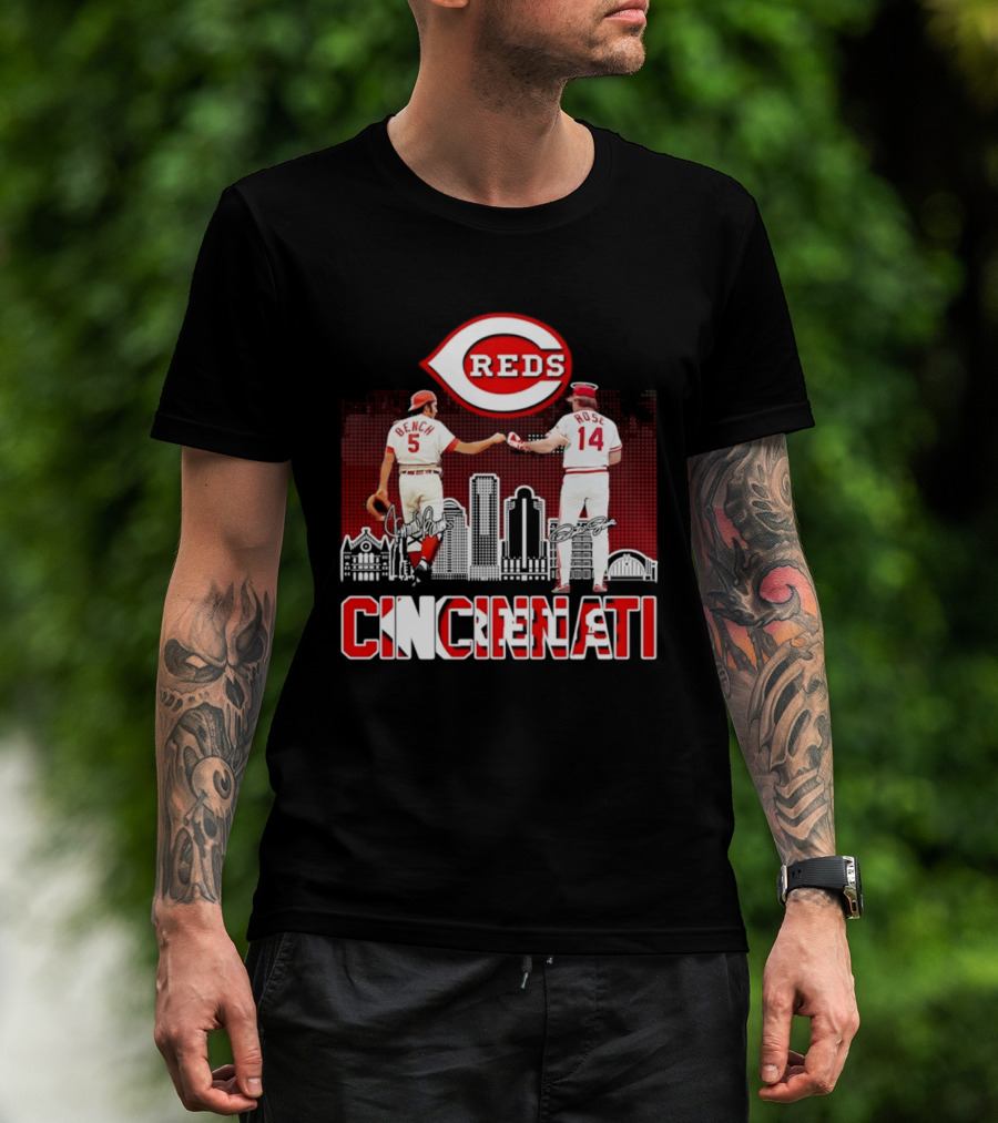 Cincinnati Reds Bench And Rose Skyline Signatures T-Shirt