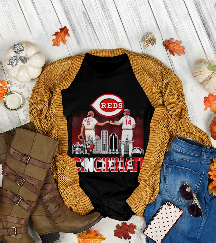 Cincinnati Reds Bench And Rose Skyline Signatures T-Shirt