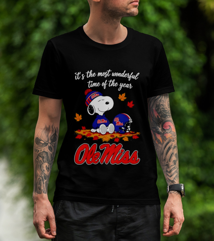 Ole Miss Snoopy It's The Most Wonderful Time Of The Year Fall Leaves T-Shirt
