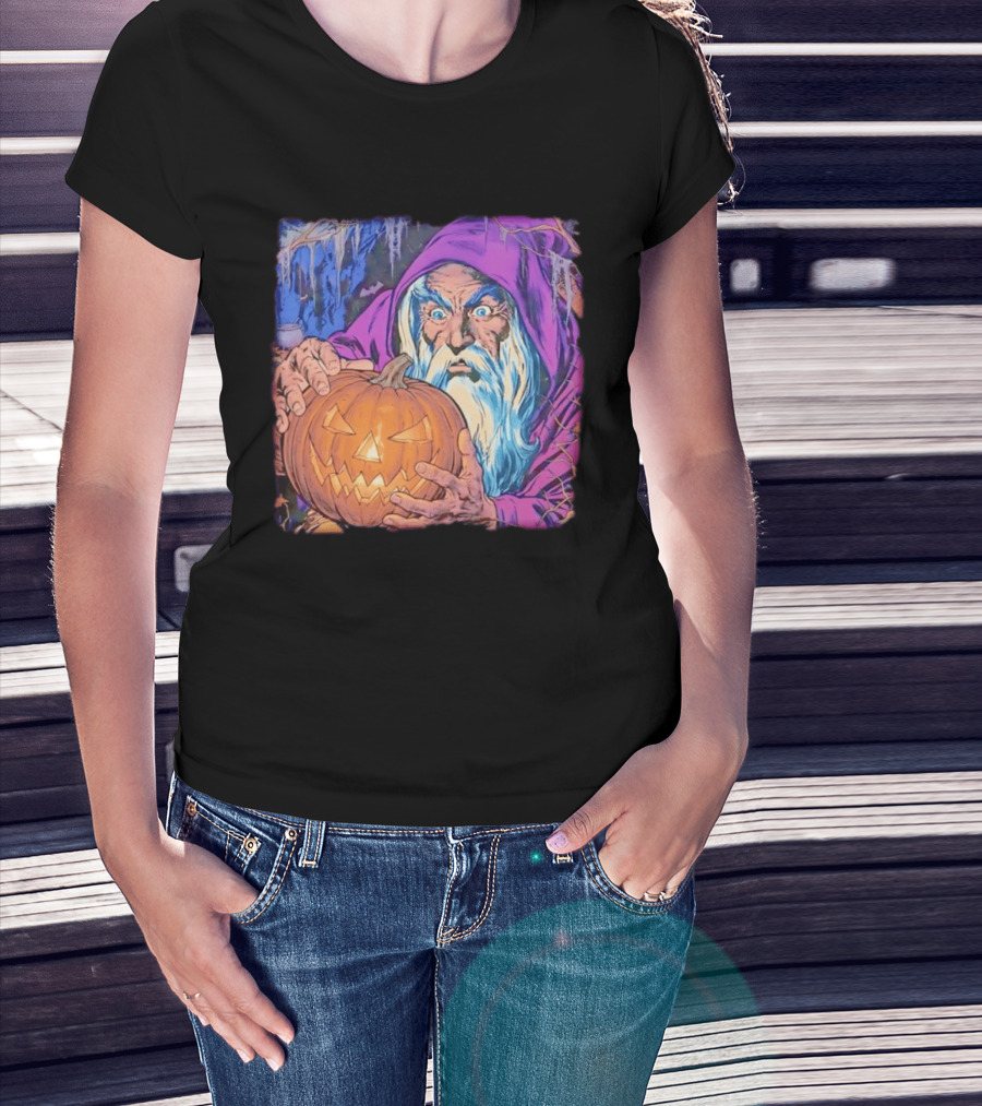 Pondering The Pumpkin Halloween Wizard With Jack O' Lantern 2026 T-Shirt