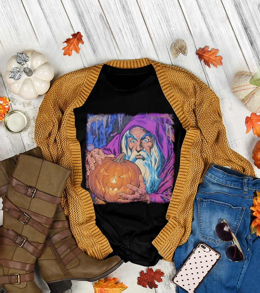 Pondering The Pumpkin Halloween Wizard With Jack O' Lantern 2026 T-Shirt