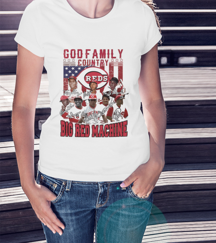 Cincinnati Reds God Family Country Big Red Machine Reds Signatures T-Shirt