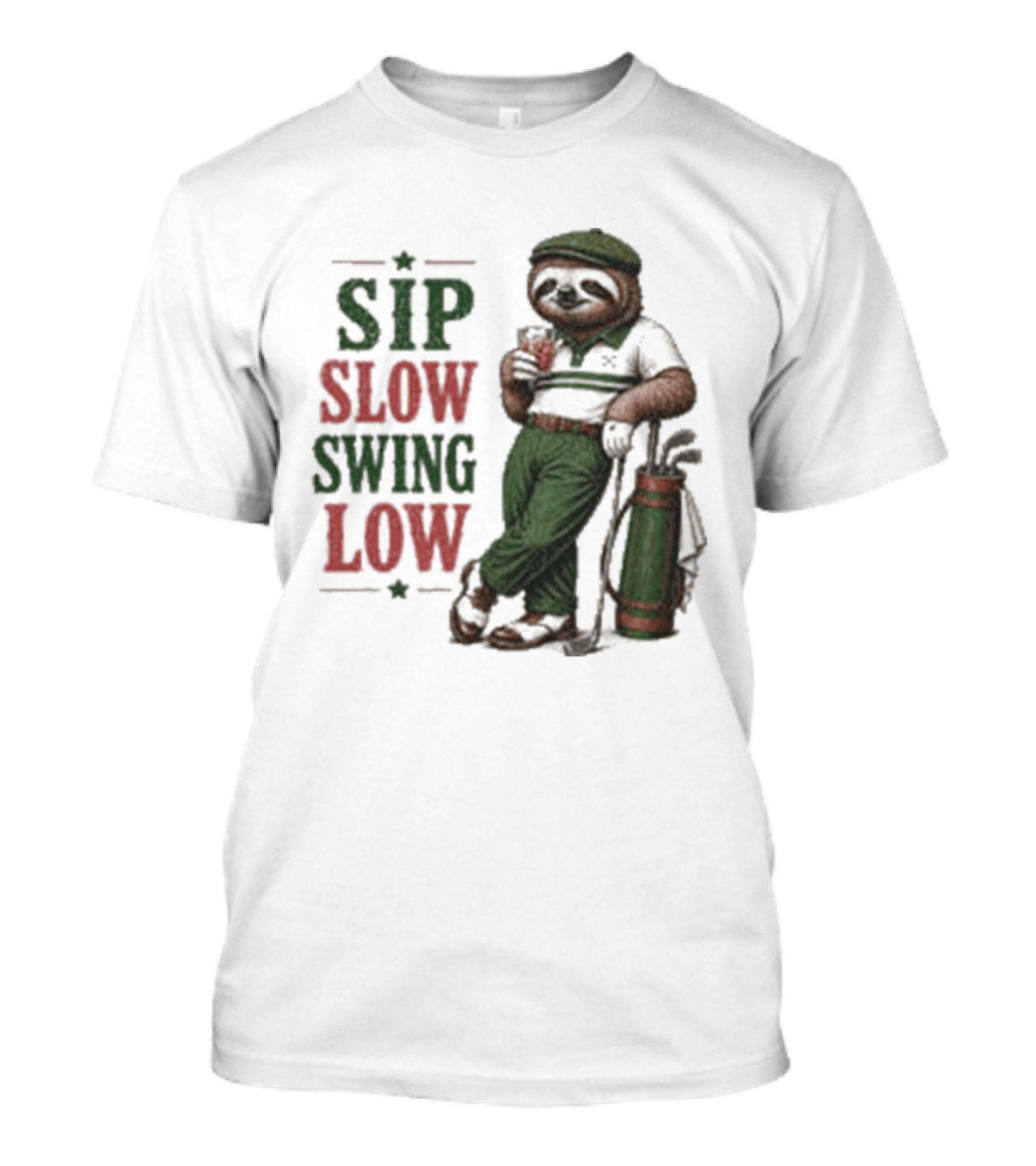 Sip Slow Swing Low Sloth Golfer Drinking Relaxed Golf T-Shirt