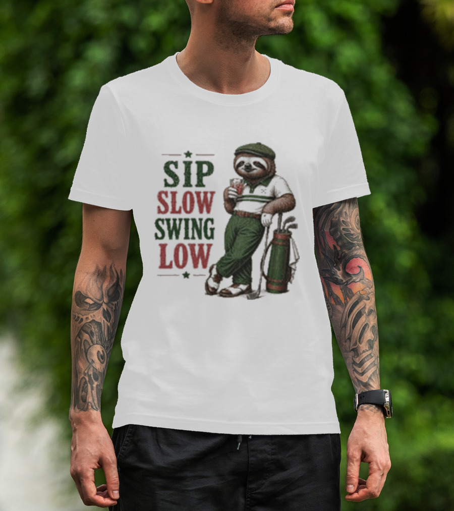 Sip Slow Swing Low Sloth Golfer Drinking Relaxed Golf T-Shirt