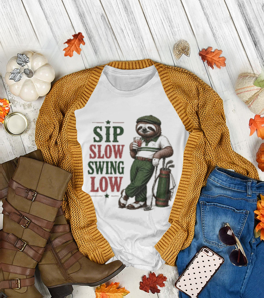 Sip Slow Swing Low Sloth Golfer Drinking Relaxed Golf T-Shirt