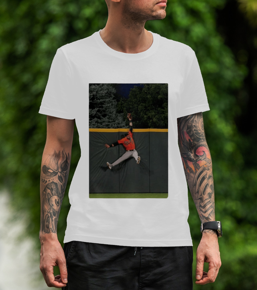 Colton Cowser Catch At Wall Wearing Red O's Jersey In Field Action T-Shirt