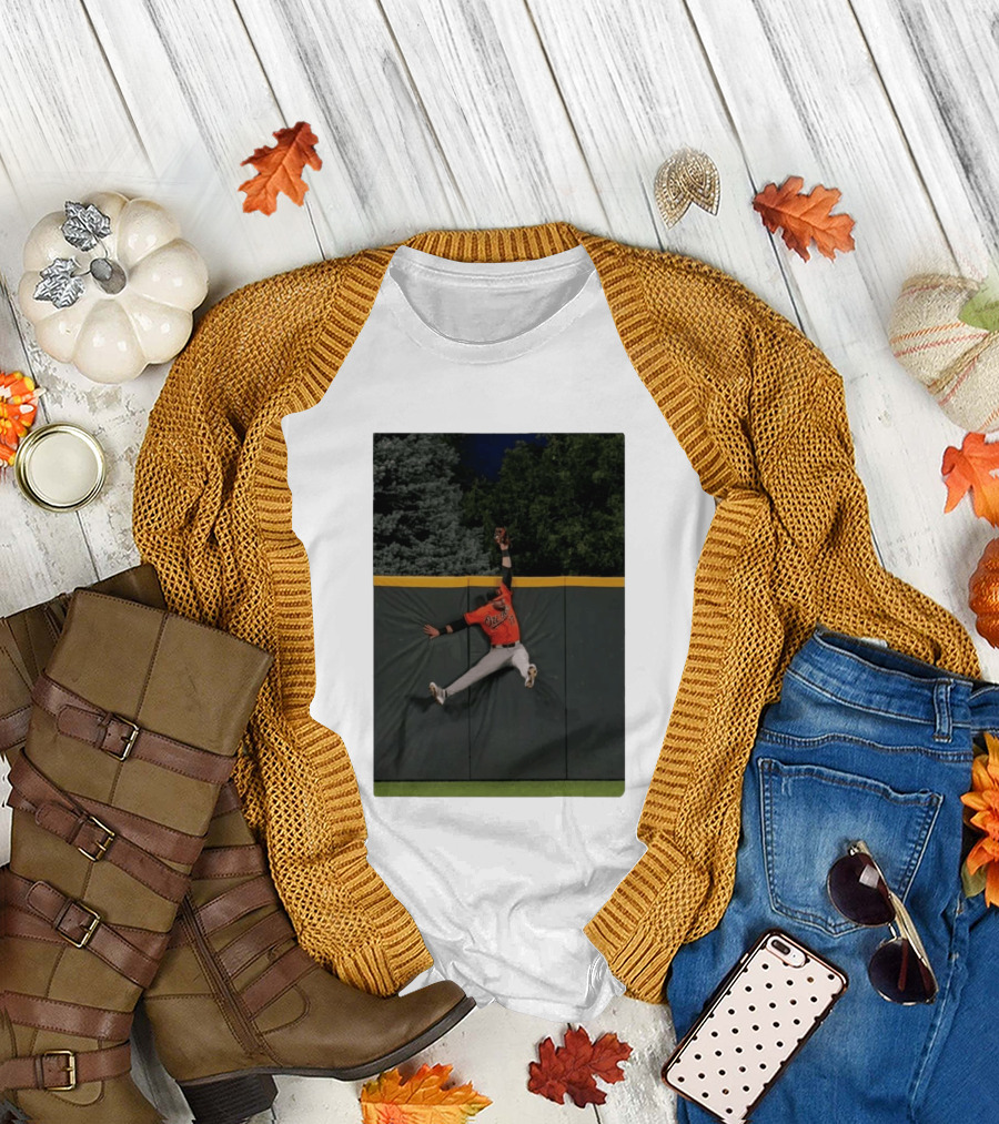 Colton Cowser Catch At Wall Wearing Red O's Jersey In Field Action T-Shirt