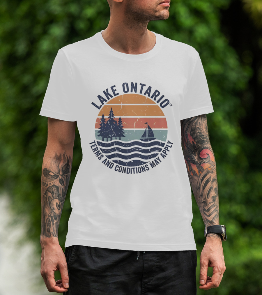 Lake Ontario Terms And Conditions May Apply Sunset Scene With Sailboat And Trees T-Shirt