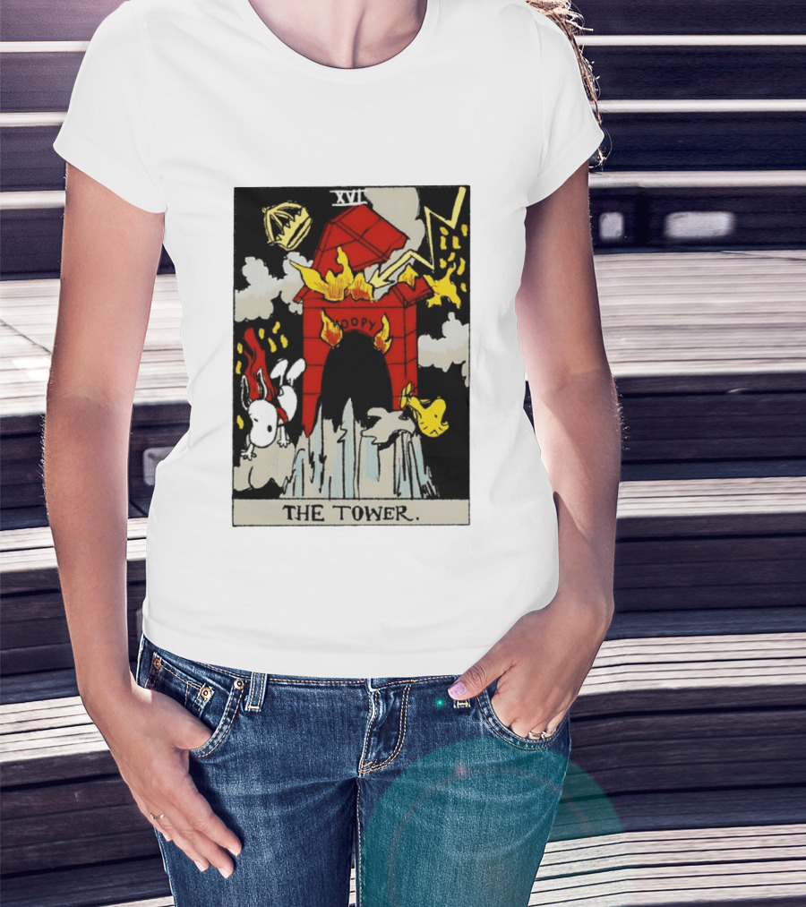 Snoopy The Tower Tarot Card XVII Lightning Flames Clouds Woodstock T-Shirt