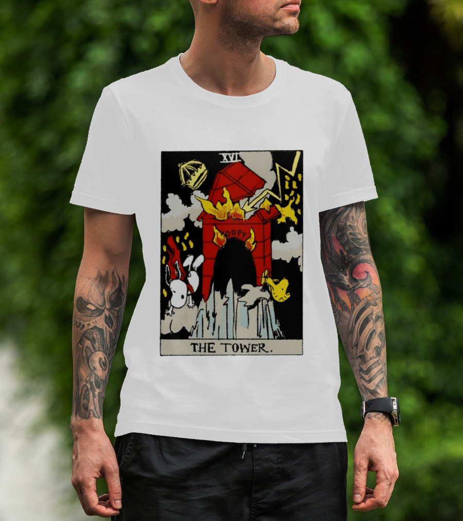 Snoopy The Tower Tarot Card XVII Lightning Flames Clouds Woodstock T-Shirt