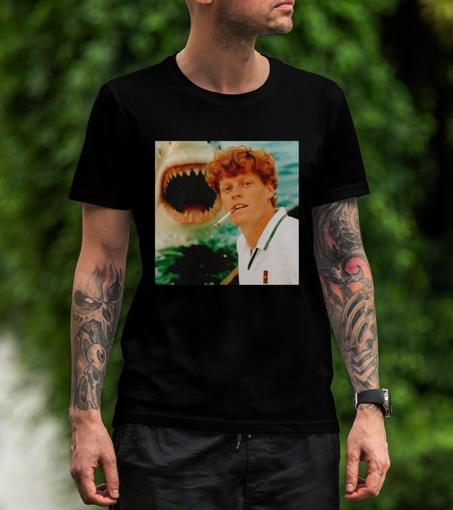 Jannik Sinner Smoking With Jaws Shark Behind T-Shirt