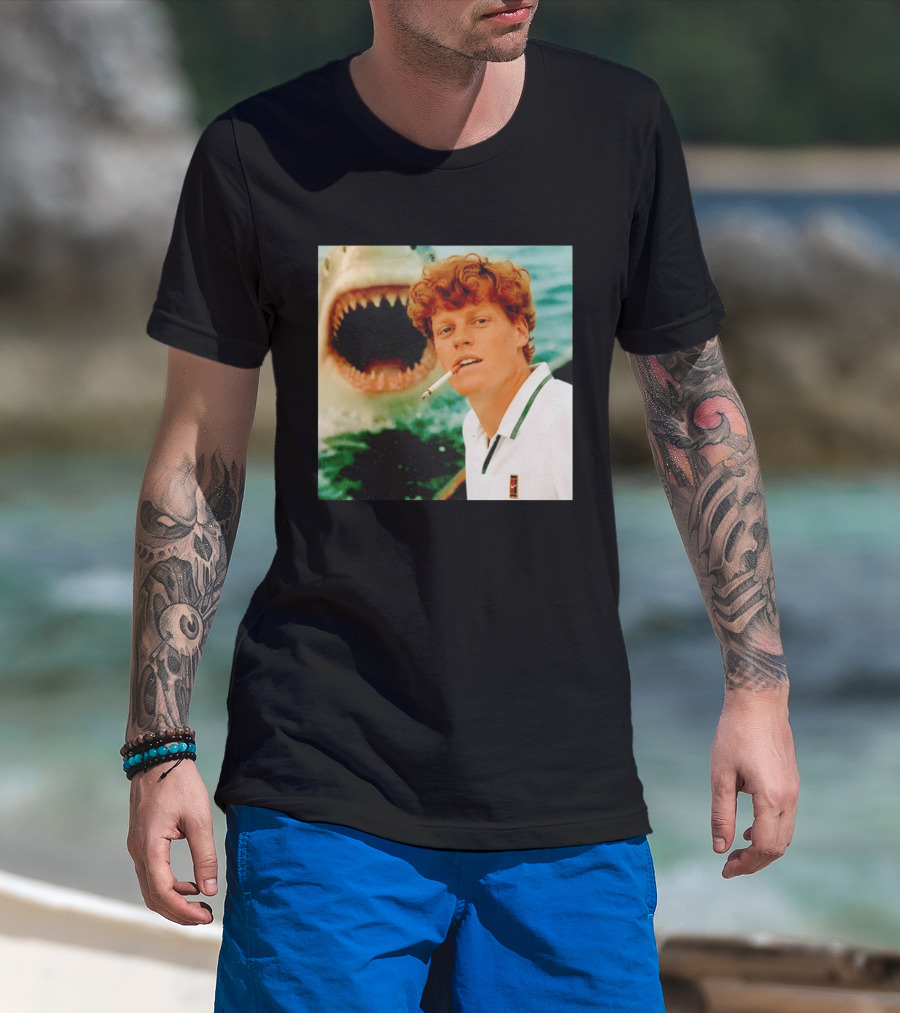 Jannik Sinner Smoking With Jaws Shark Behind T-Shirt