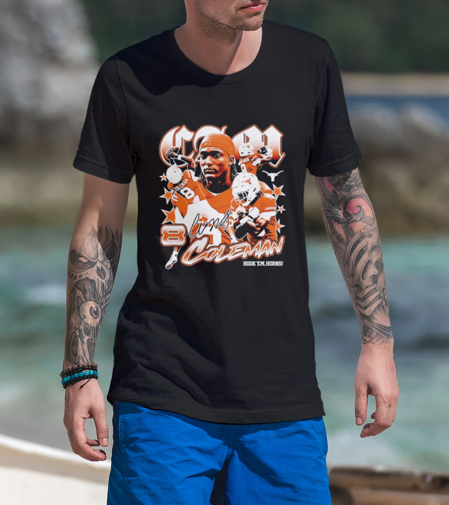 Cameron Coleman 8 Texas Longhorns NCAA Football Star Player Action T-Shirt