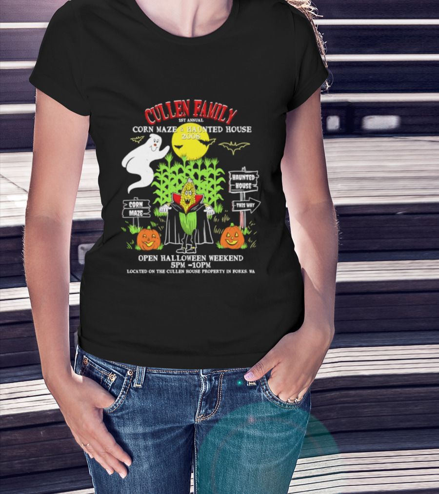 Cullen Family 1st Annual Corn Maze And Haunted House 2008 Halloween Weekend Event Promo With Ghosts And Pumpkins T-Shirt