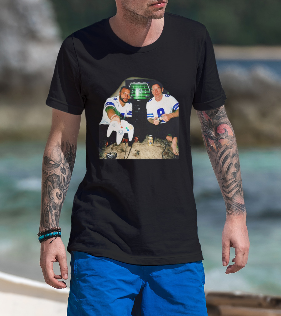 Dak Prescott Troy Aikman Dallas Cowboys Retro Gaming Session T-Shirt
