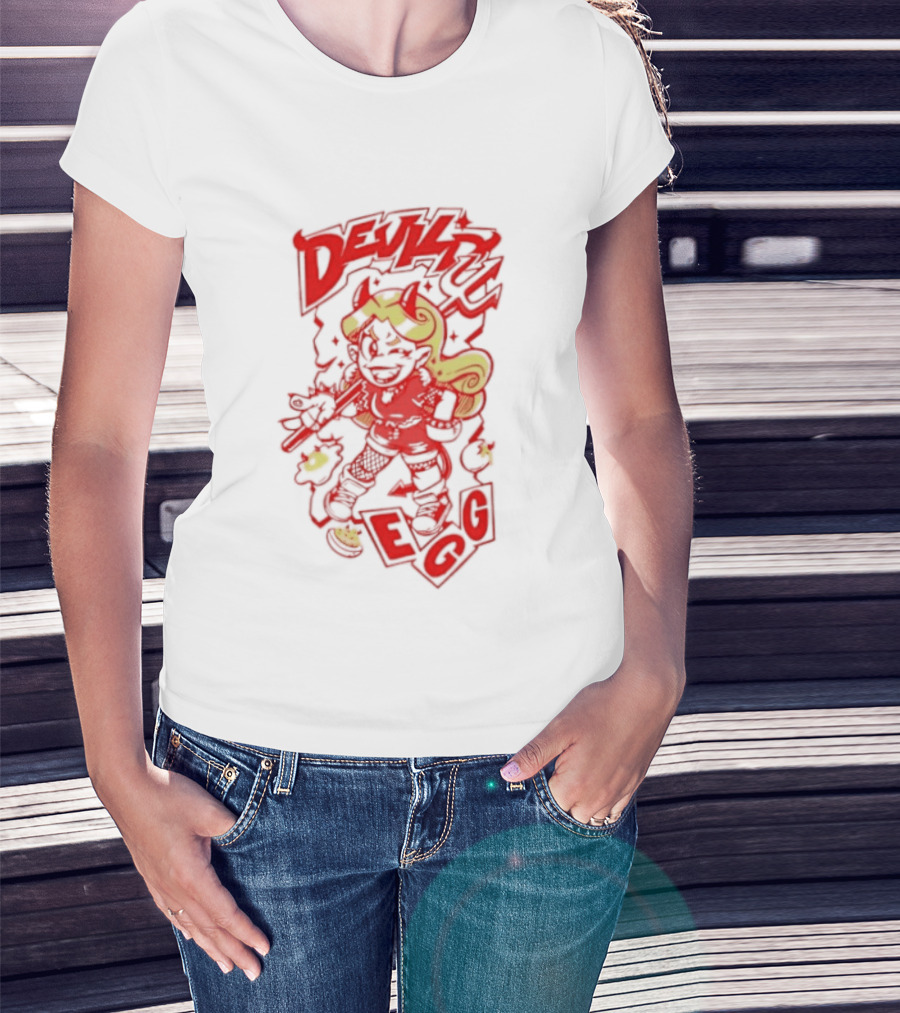 Devil Egg Cartoon Character With Pitchfork And Horns T-Shirt