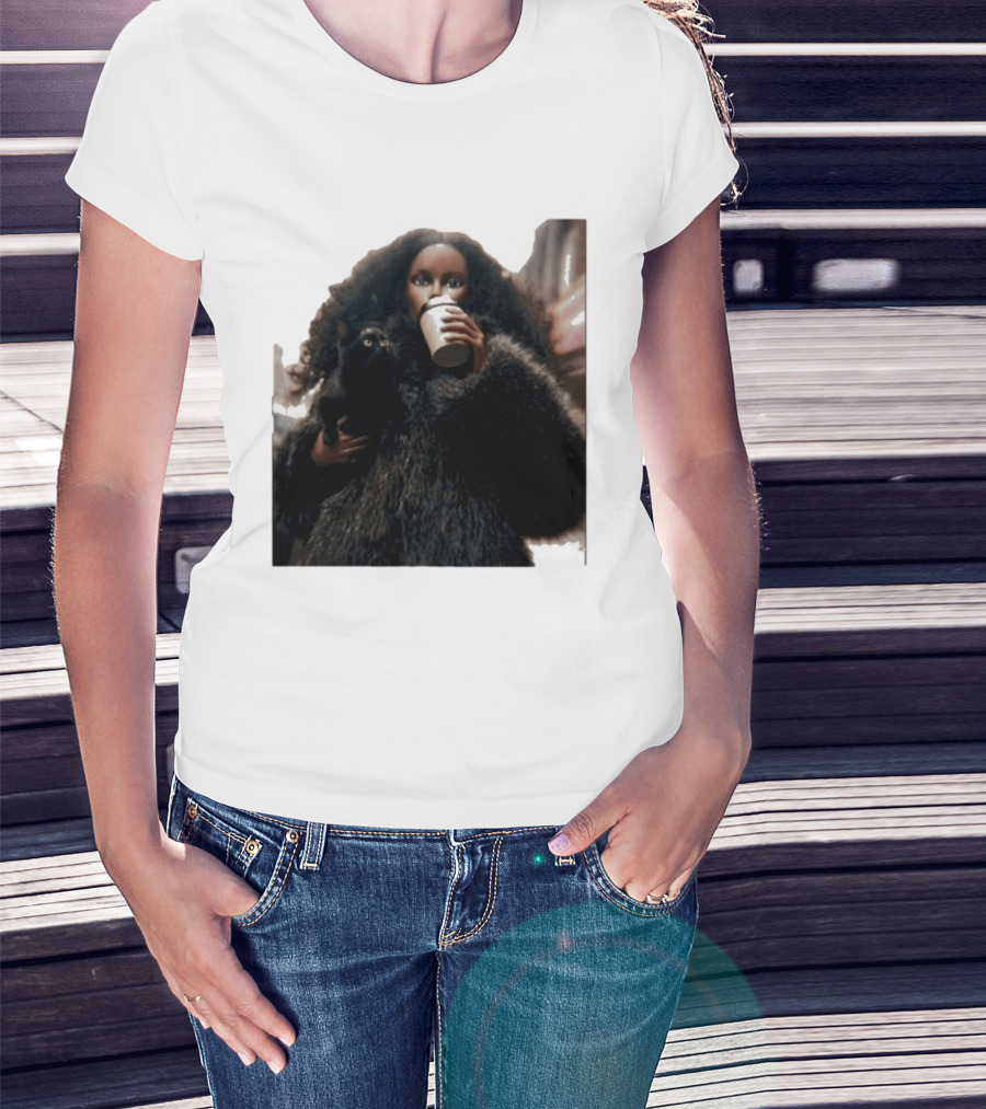 Diana's Cat Club Fashionable Coffee Moment With Furry Coat And Black Cat T-Shirt