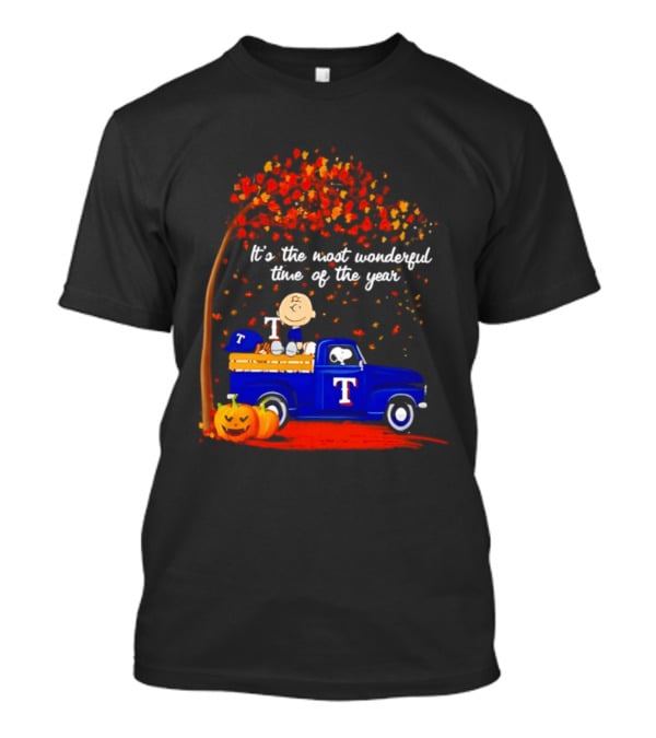 Snoopy Charlie Brown Texas Rangers Halloween 2026 It's The Most Wonderful Time Of The Year Truck Pumpkins T-Shirt