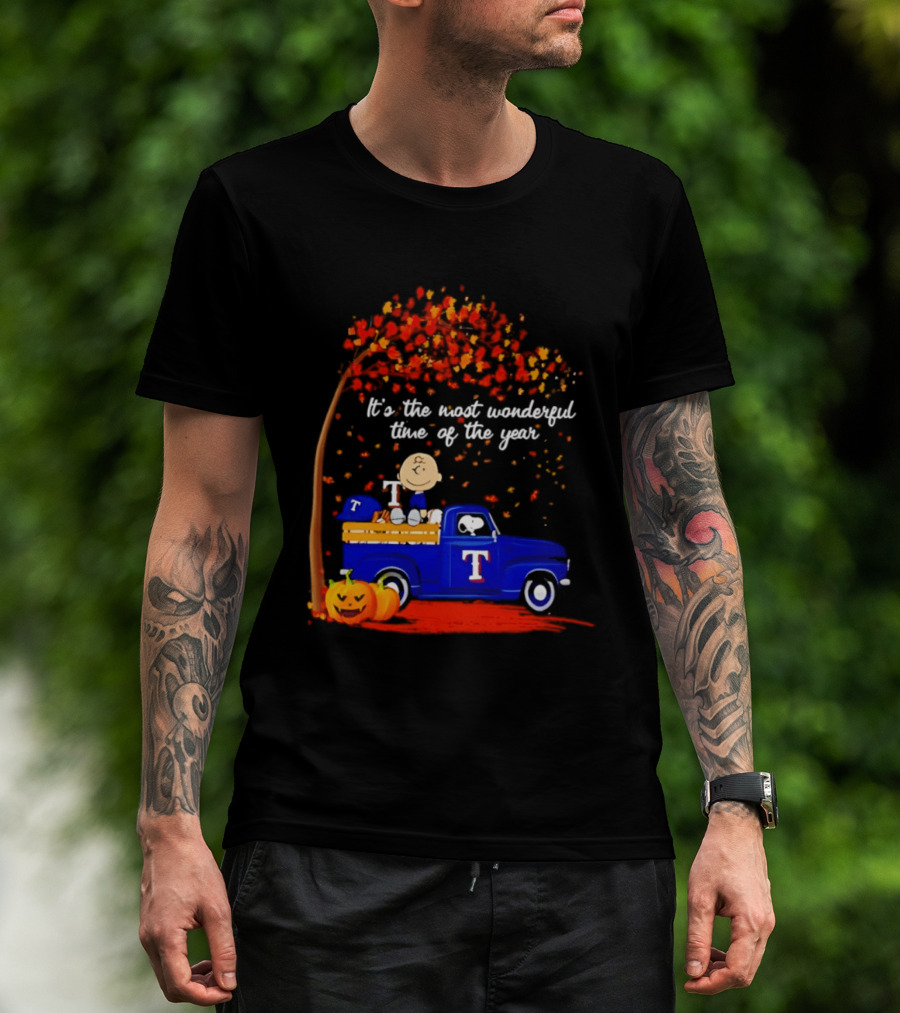 Snoopy Charlie Brown Texas Rangers Halloween 2026 It's The Most Wonderful Time Of The Year Truck Pumpkins T-Shirt