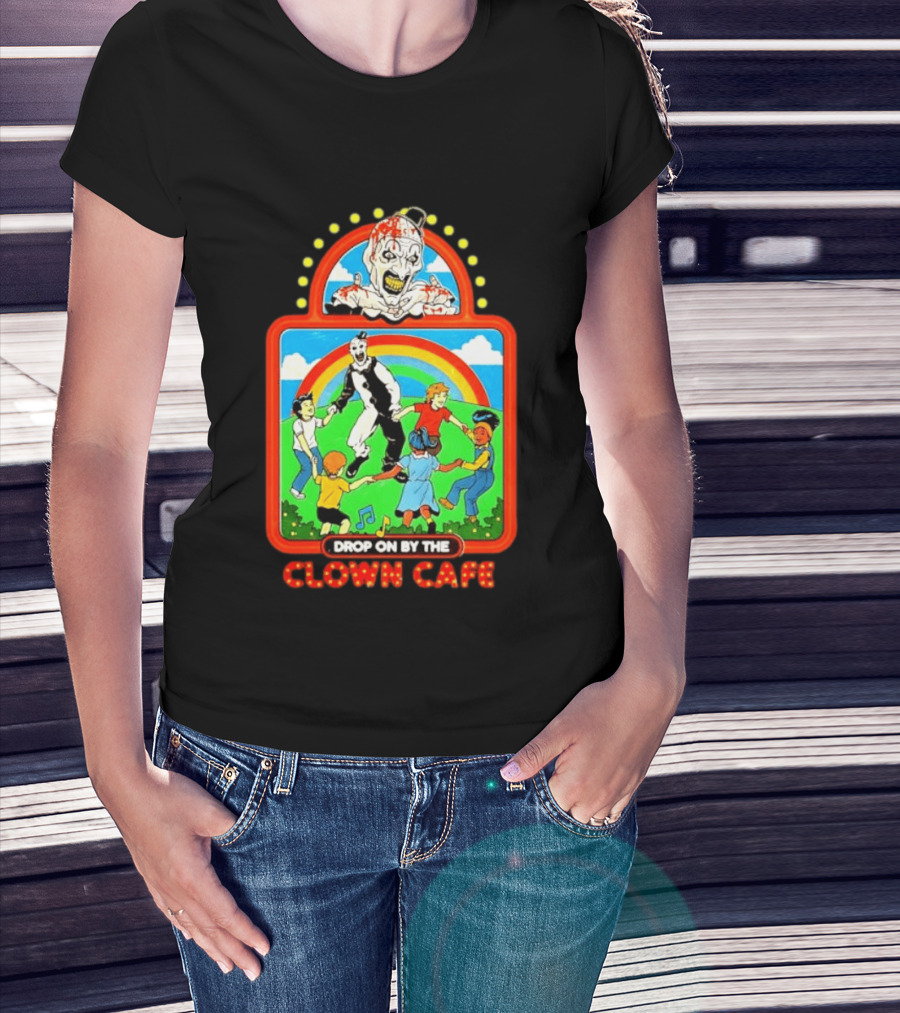 Drop On By The Clown Cafe Creepy Clown Horror With Rainbow And Dancing Kids T-Shirt