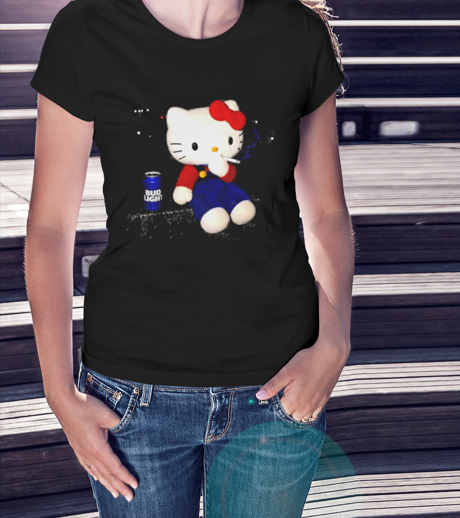 Hello Kitty With Smoking And Bud Light Can T-Shirt