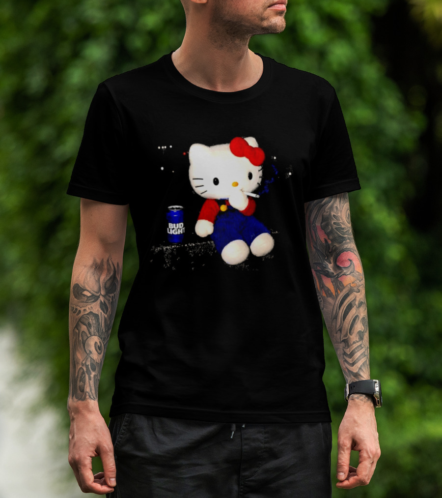Hello Kitty With Smoking And Bud Light Can T-Shirt