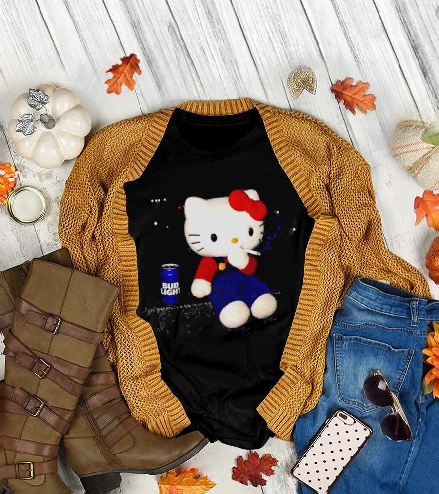 Hello Kitty With Smoking And Bud Light Can T-Shirt