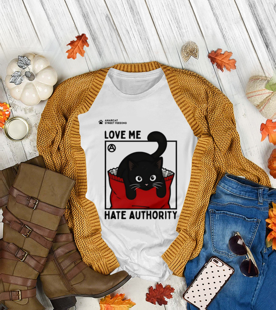 Anarcat Street Feeding Love Me Hate Authority Black Cat Red Bag T-Shirt