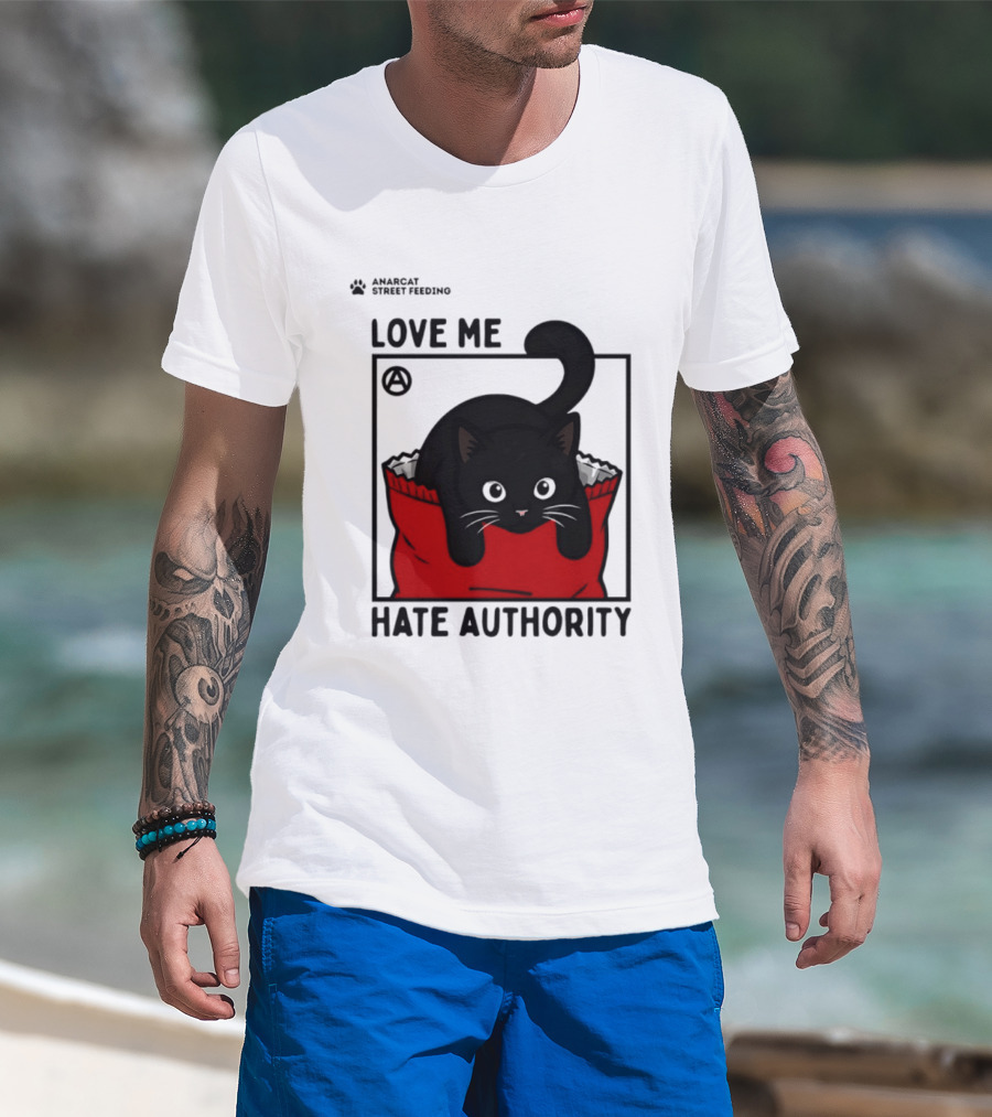 Anarcat Street Feeding Love Me Hate Authority Black Cat Red Bag T-Shirt